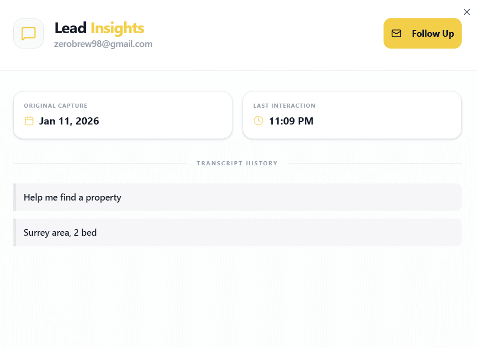 Manage your leads and view conversation transcripts in your dashboard.